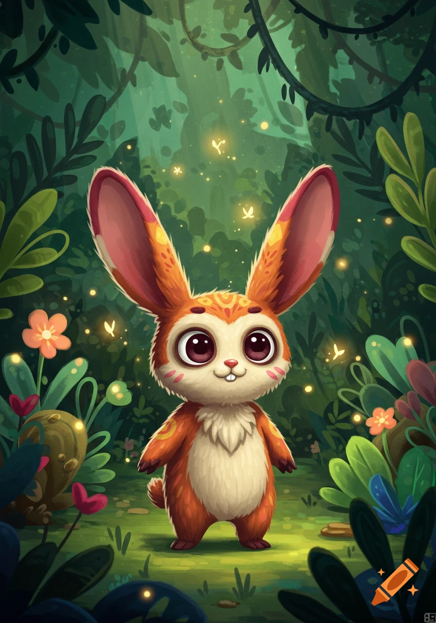 A cute, fluffy orange and white creature with big ears and large eyes stands smiling in a vibrant, glowing fantasy forest.