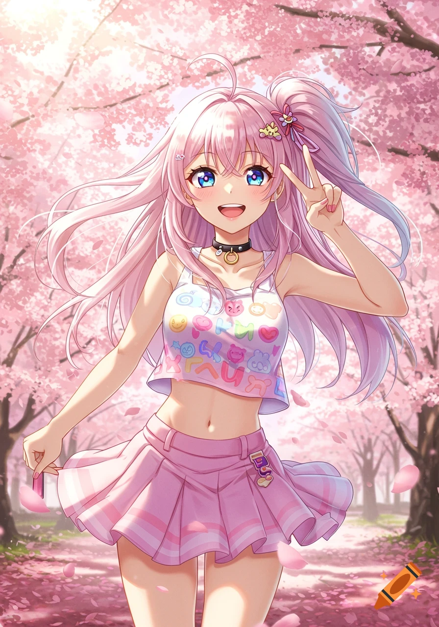 Anime girl with pink hair doing a peace sign in a cherry blossom garden, wearing a crop top and pink skirt.