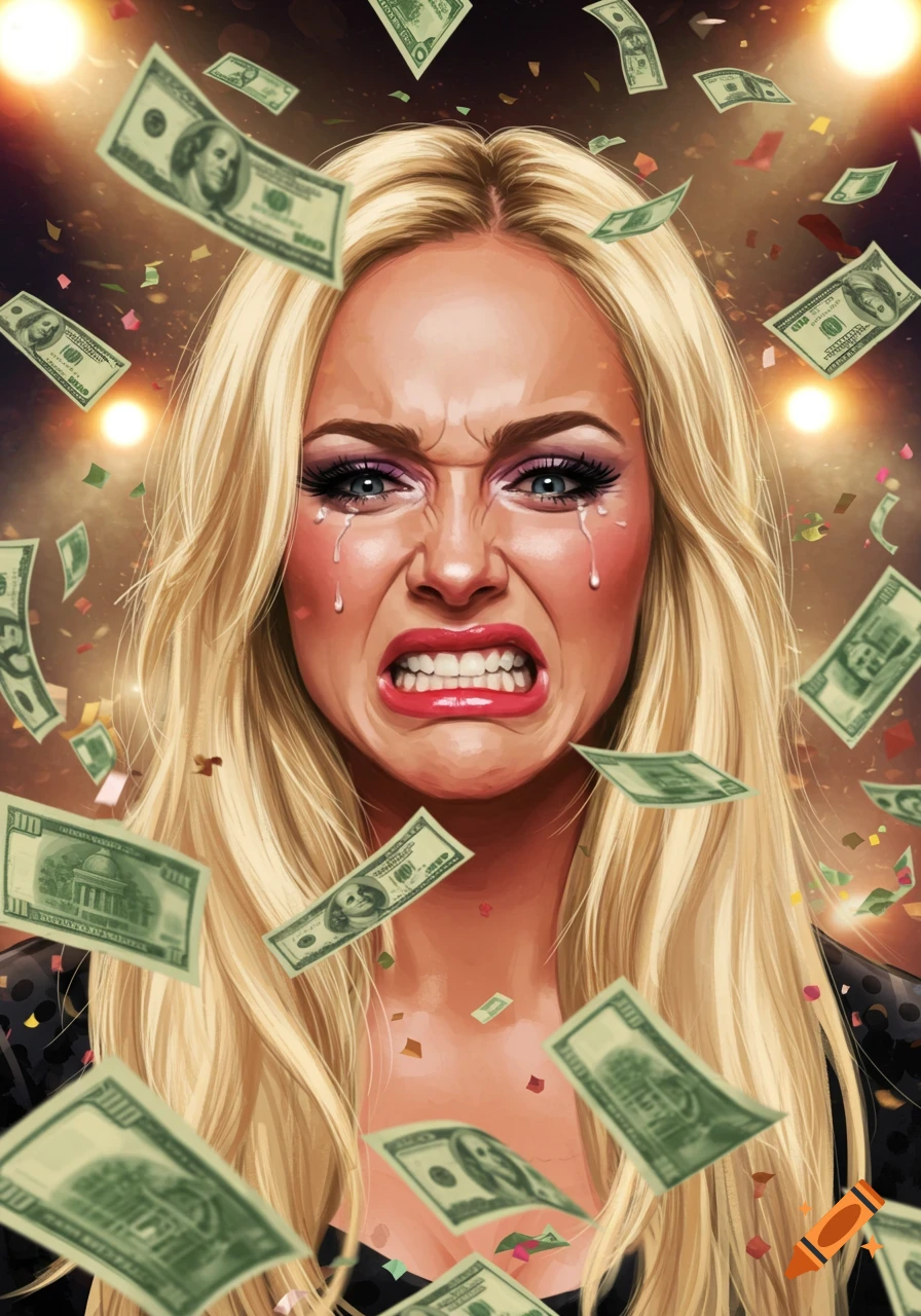 An illustration of a blonde woman with heavy makeup, a scrunched-up crying face, amidst falling money and confetti.