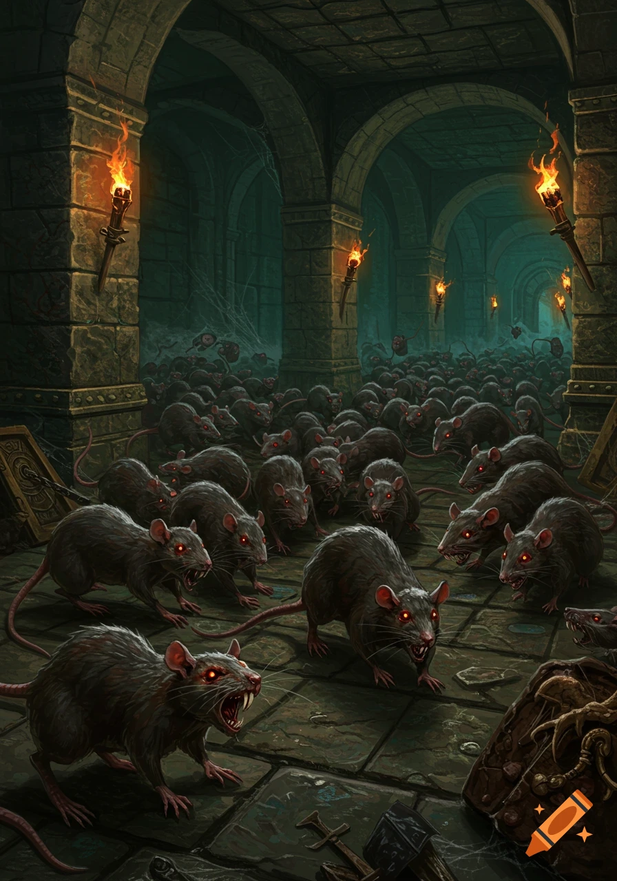 A detailed illustration of a swarm of dark rats with glowing red eyes and bared teeth, filling a torch-lit stone dungeon corridor.
