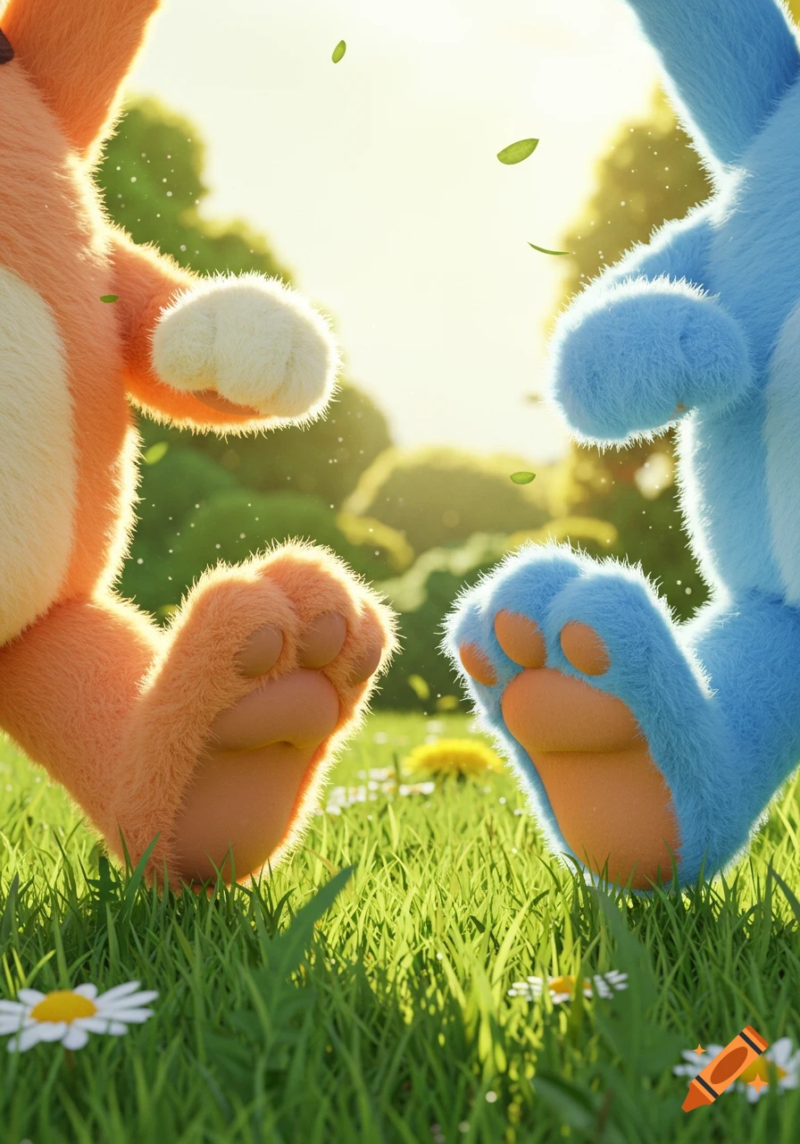 Close-up of fluffy blue and orange cartoon character feet standing on green grass with daisies in a sunny field.
