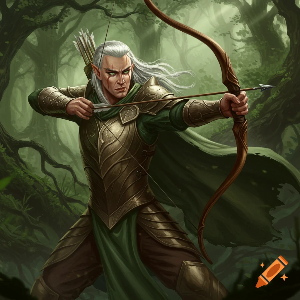 An oil painting of a battle-scarred elven archer with white hair, aiming a bow and arrow in a green forest.
