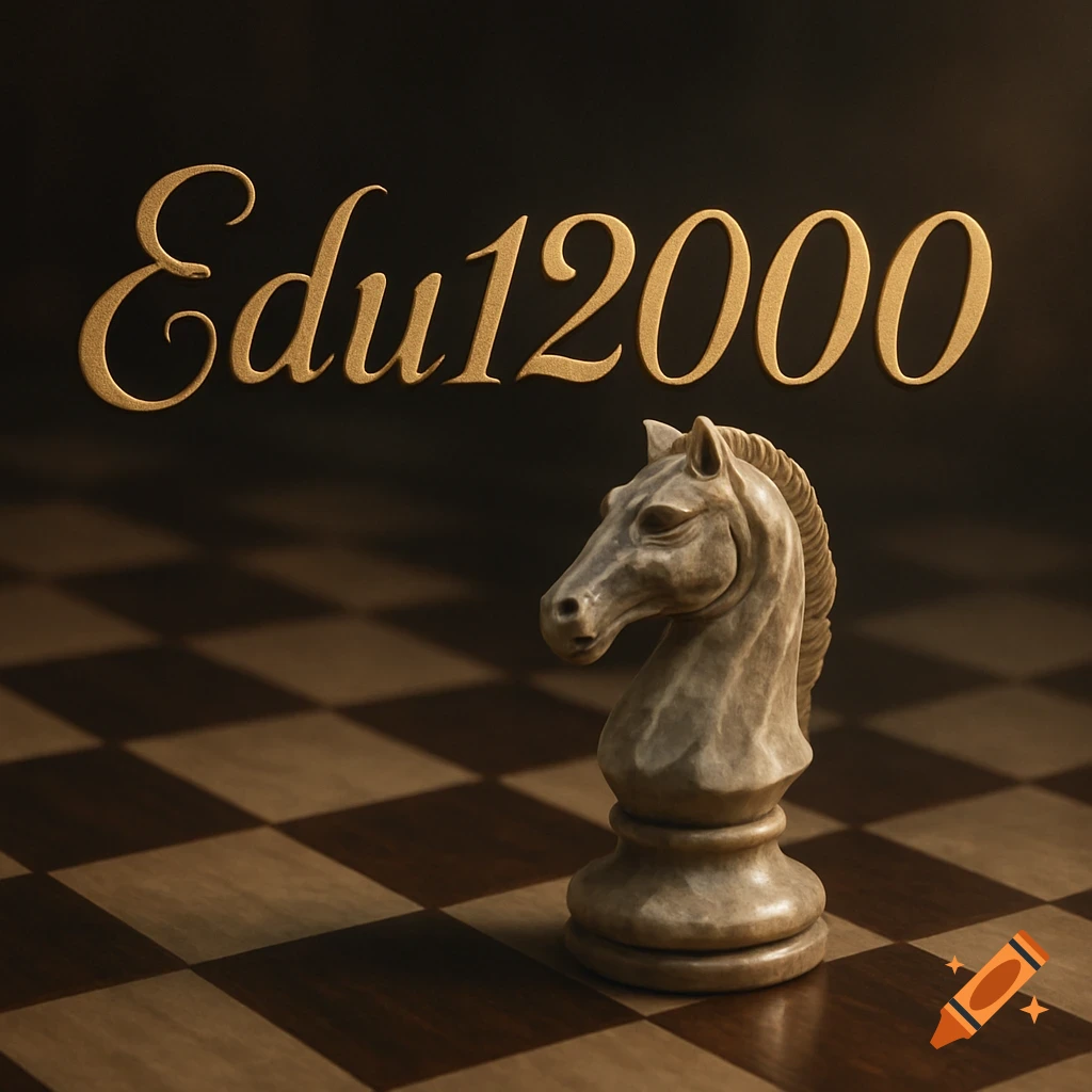 A photorealistic white chess knight stands on a wooden chessboard, with 'Edu12000' written above in gold script.