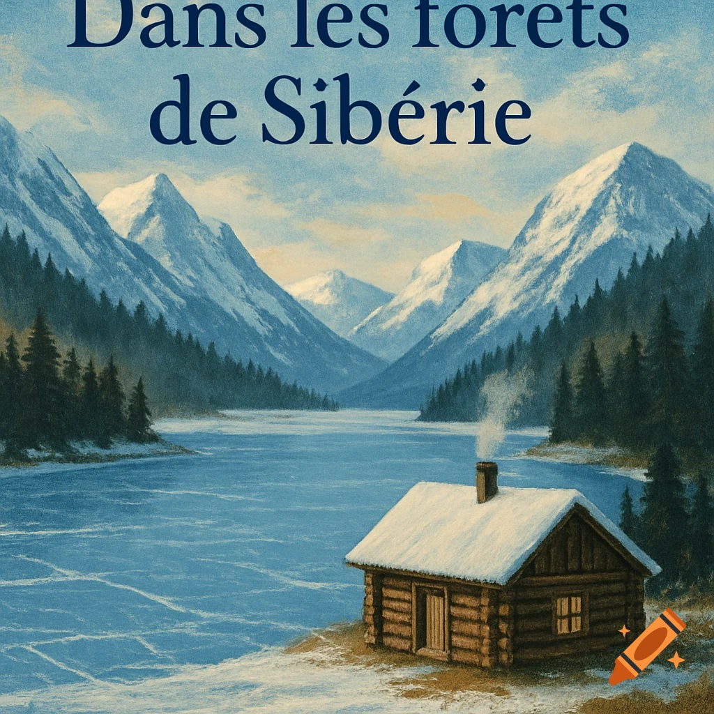Illustrated winter landscape with snow-capped mountains, a frozen lake, pine forests, and a log cabin with smoke.
