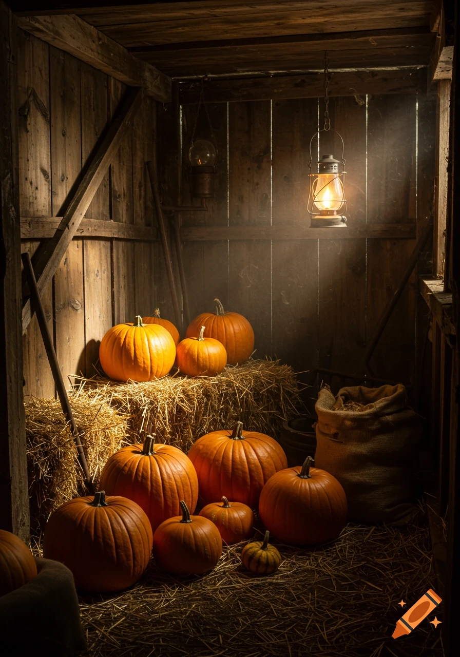 Pumpkins of various sizes arranged on hay bales and a wooden floor inside a rustic, dimly lit shed, illuminated by a warm lantern.