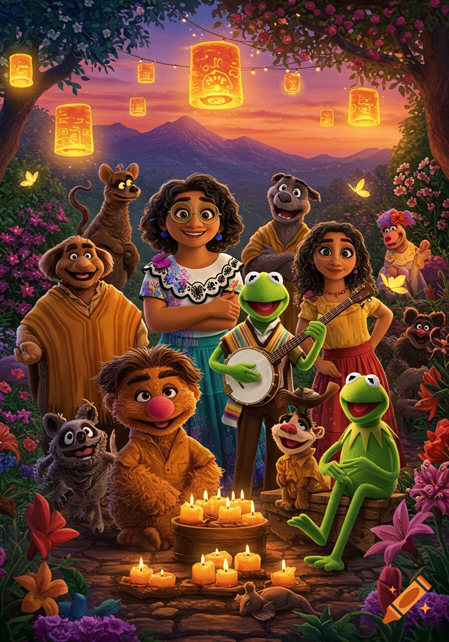 Encanto and Muppet characters including Mirabel, Kermit, and Fozzie gather in a vibrant, flowery forest at dusk, lit by lanterns and candles.