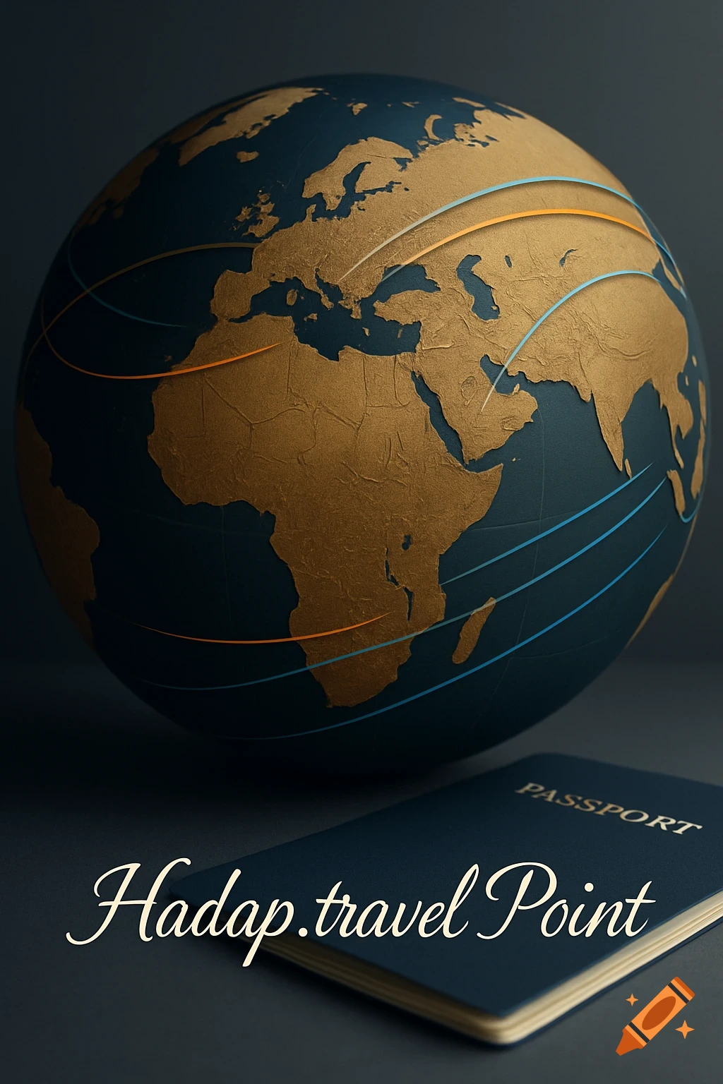 A stylized globe with gold continents and dark blue oceans, featuring orange and blue lines across it. A dark blue passport lies below it, with the text "Hadap.travel Point" in a script font overlaying the bottom.