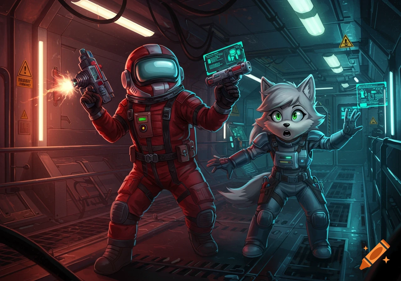 A red astronaut-like character fires a laser gun next to a surprised grey wolf-like furry in a spacesuit in a sci-fi corridor.