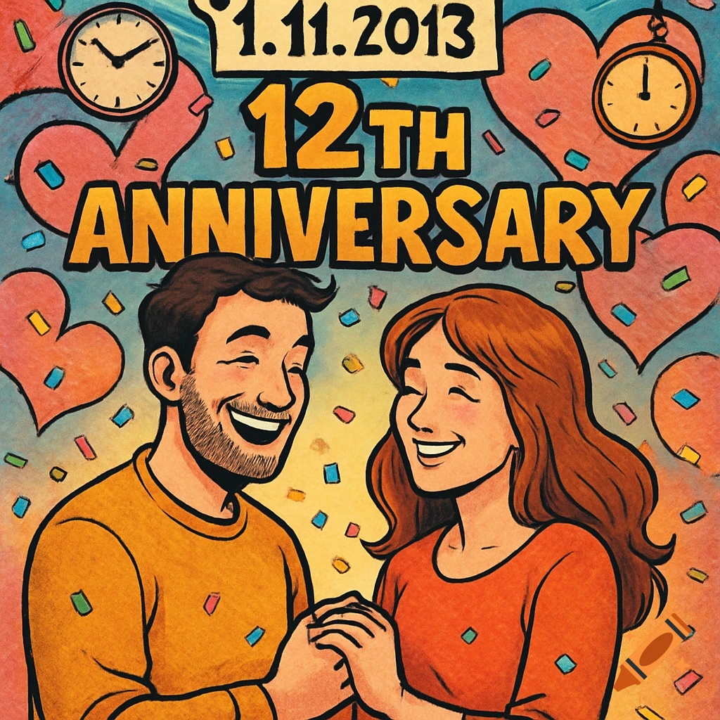 Smiling couple holding hands in a comic art style, celebrating their 12th anniversary with confetti and hearts, dated 1.11.2013.
