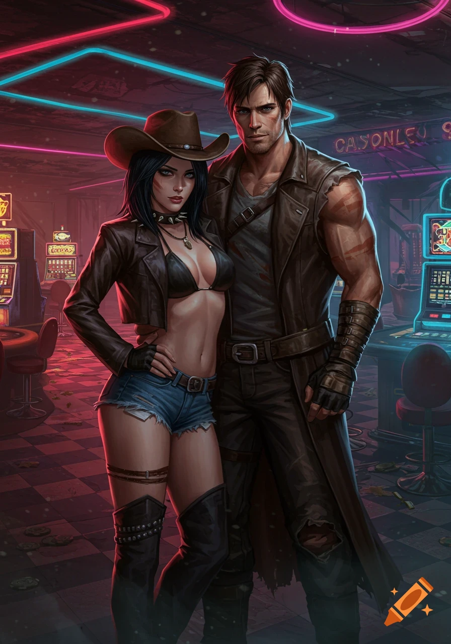 A stylized artwork of a woman in a cowboy hat, bikini top, and shorts with a man in a leather coat, standing in a neon-lit post-apocalyptic casino.