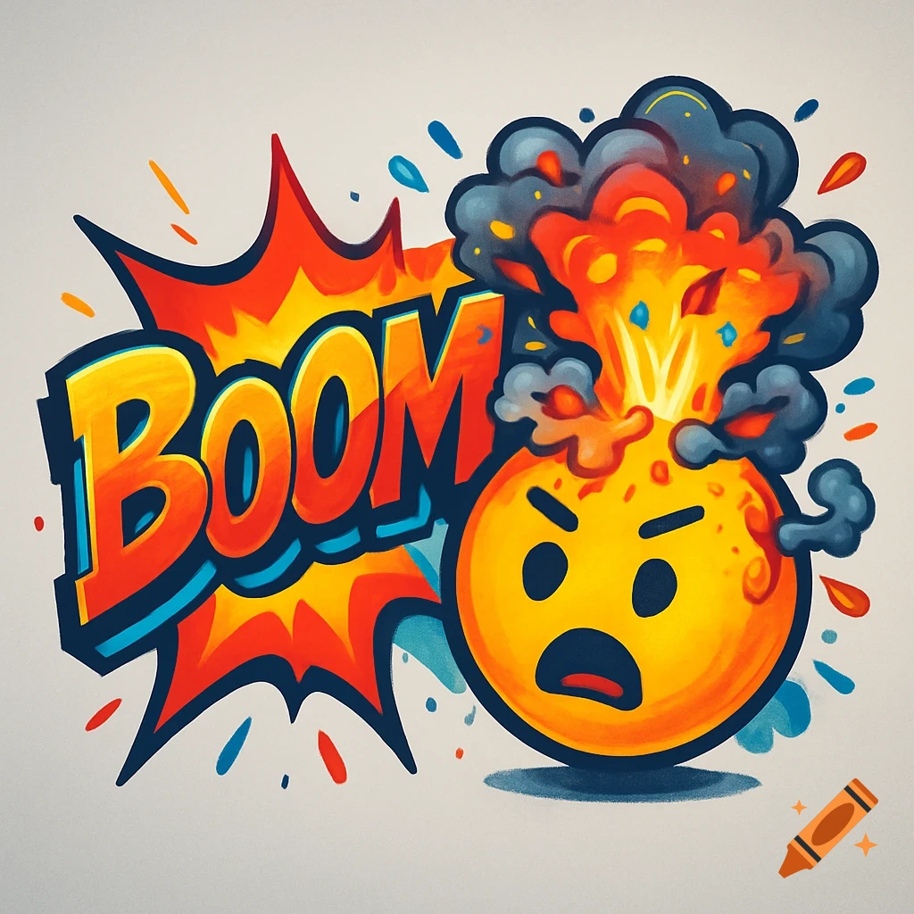 Comic style illustration of a yellow emoji with an exploding head next to a 'BOOM' speech bubble.