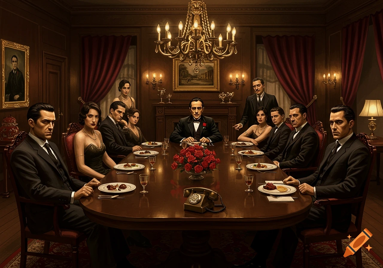 A group resembling 'The Godfather' characters dines at a long, ornate table in a darkly lit, luxurious room with a chandelier.