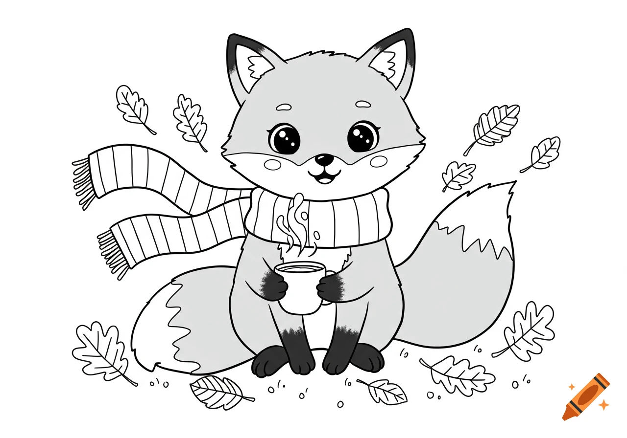 Cute cartoon fox wearing a scarf, holding a steaming mug, surrounded by autumn leaves in a black and white coloring book style.