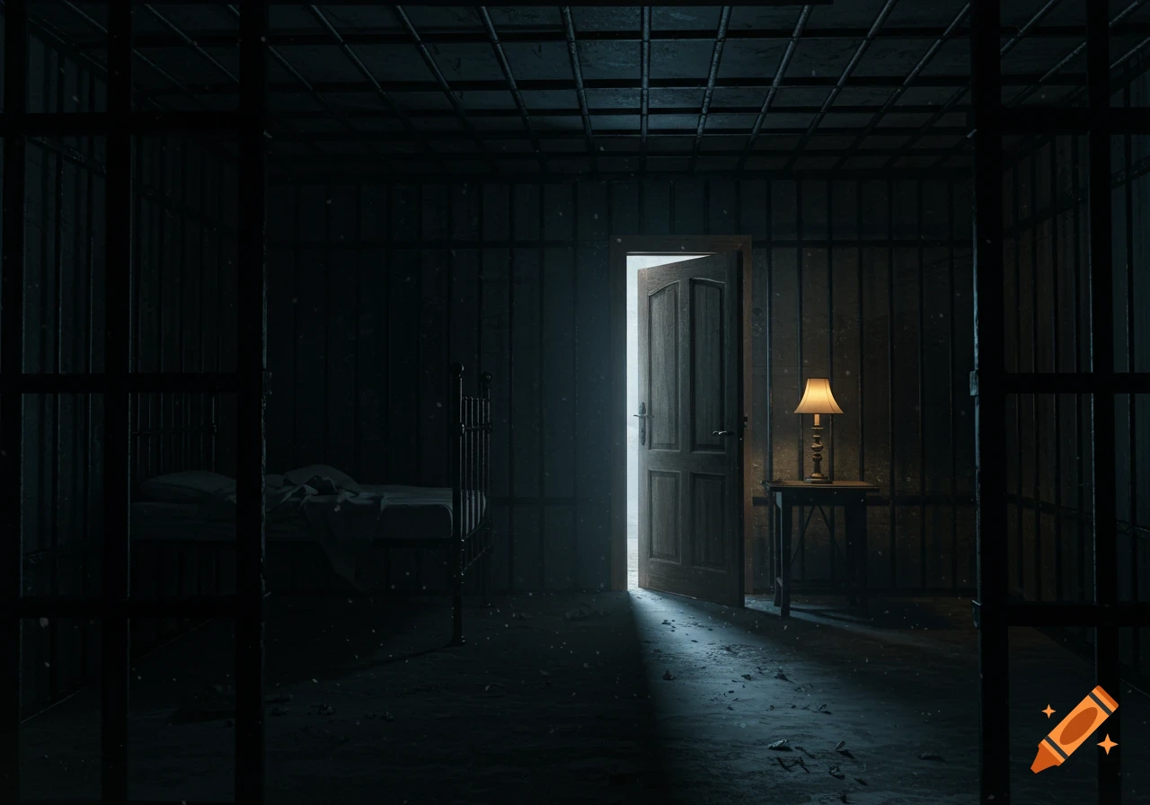 Dark, cage-barred room with a bed, a lit lamp, and an open door with bright light beyond.