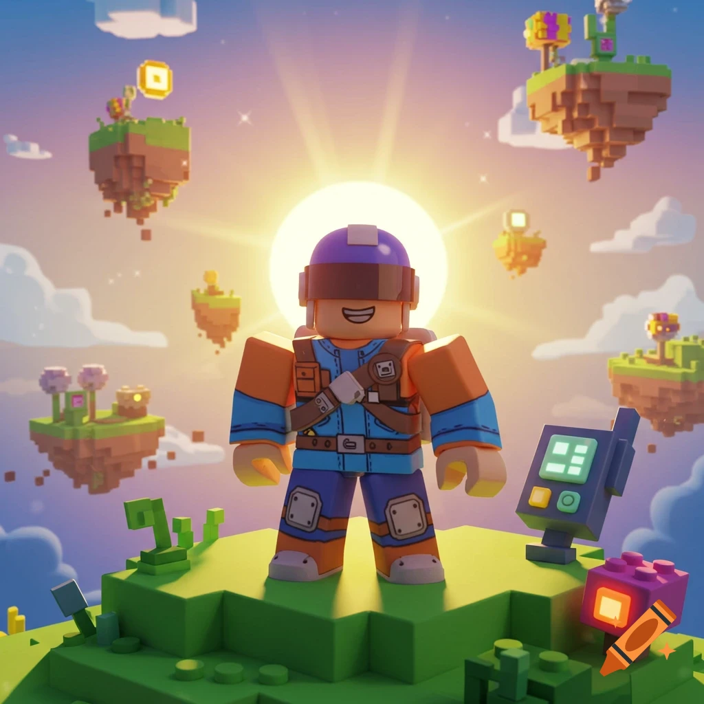 A smiling blocky character in a helmet and blue-orange outfit stands on a green floating island under a bright sun, with other voxel floating islands in the sky.