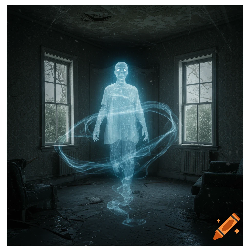 An eerie, glowing blue ghost stands in the center of a dark, dilapidated room with two large windows.