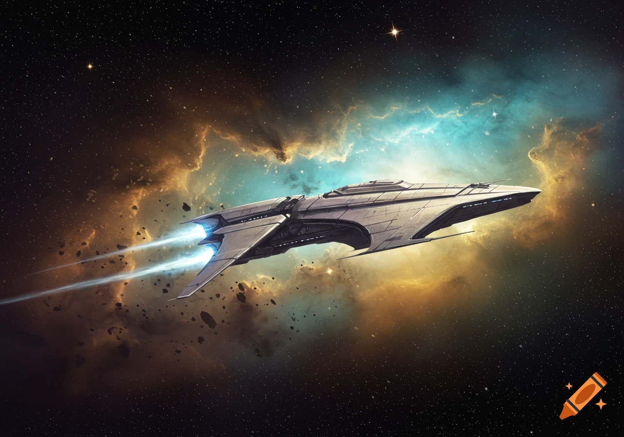 A sleek futuristic spaceship with glowing blue thrusters flies through a vibrant nebula of orange and teal gases and stars.