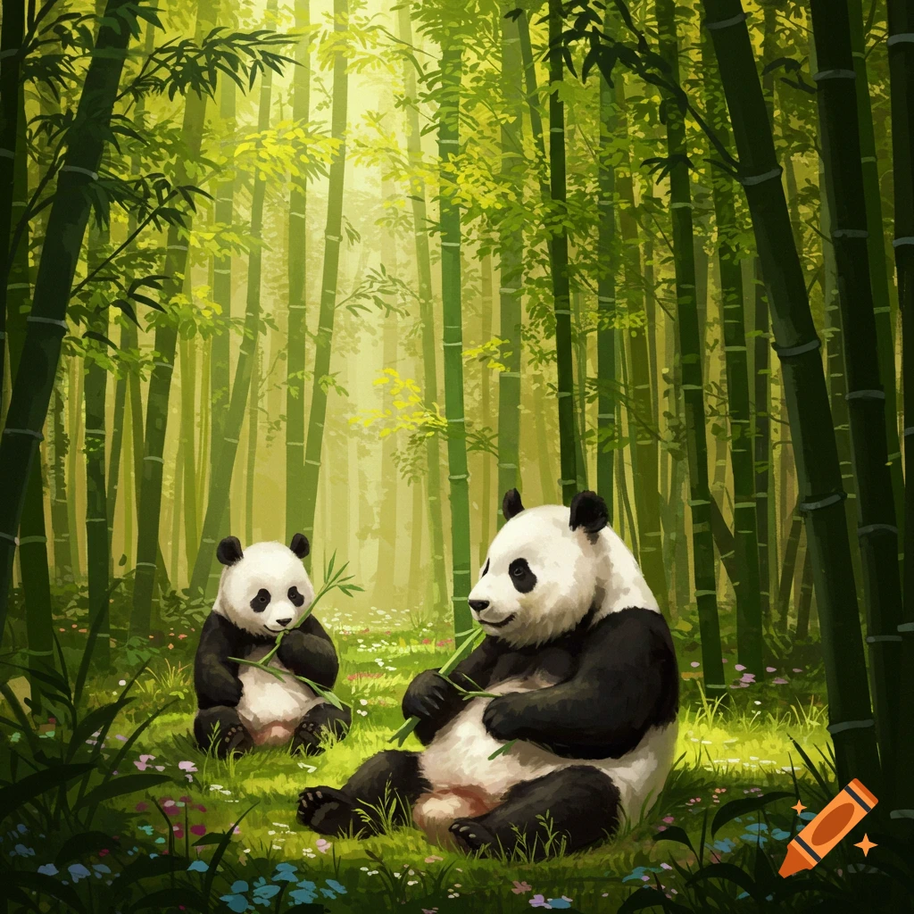 An adult and a cub panda sit in a vibrant bamboo forest, eating shoots. Sunlight filters through the green canopy.