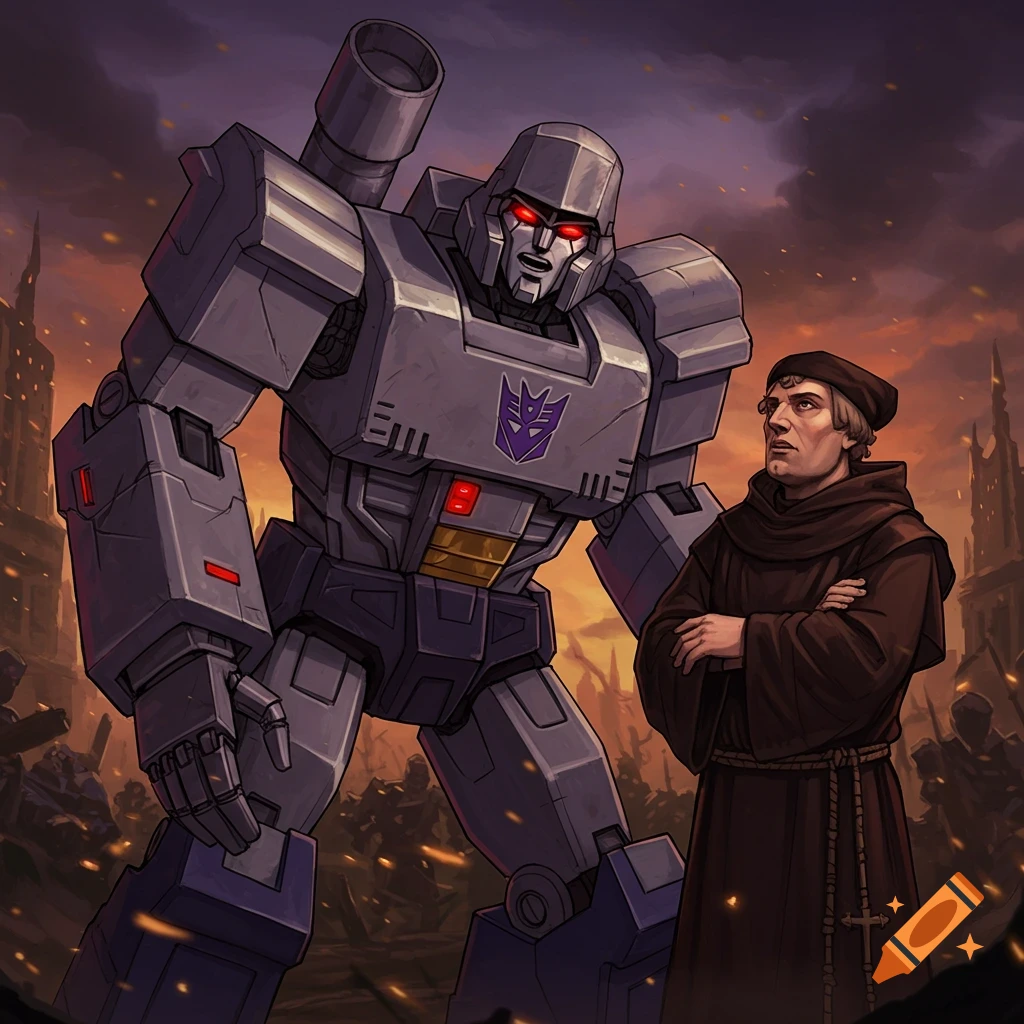 Megatron and Martin Luther stand in a fiery, war-torn landscape in a cartoon style.