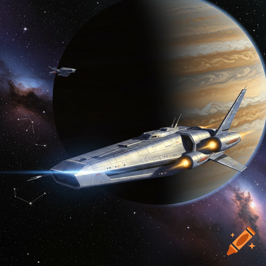 A large, silver spaceship with glowing engines flies past a striped gas giant planet in space, with a smaller ship in the distance.