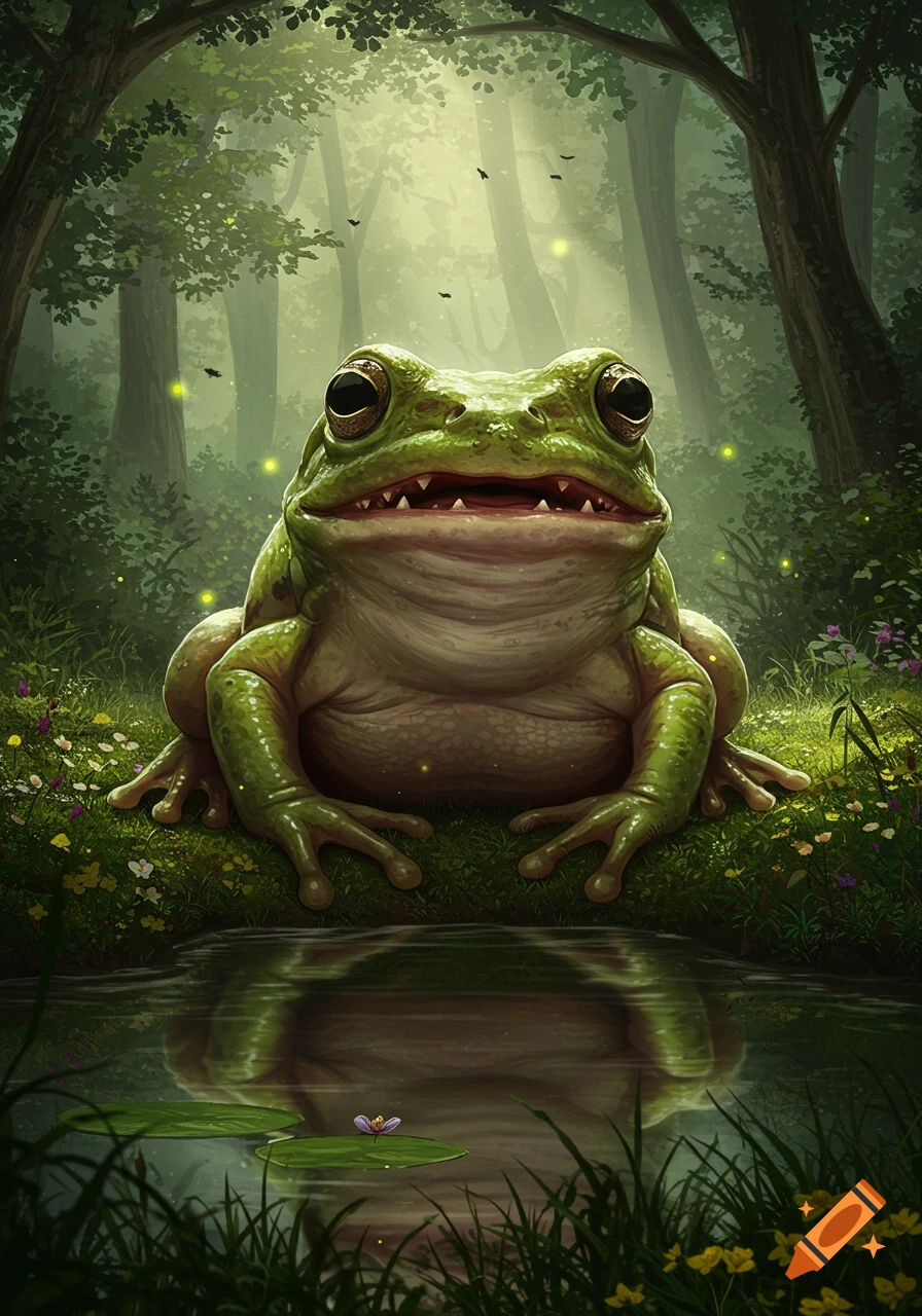 A large, green frog with pointy teeth sits by a reflective pond in a lush, misty forest with glowing fireflies.