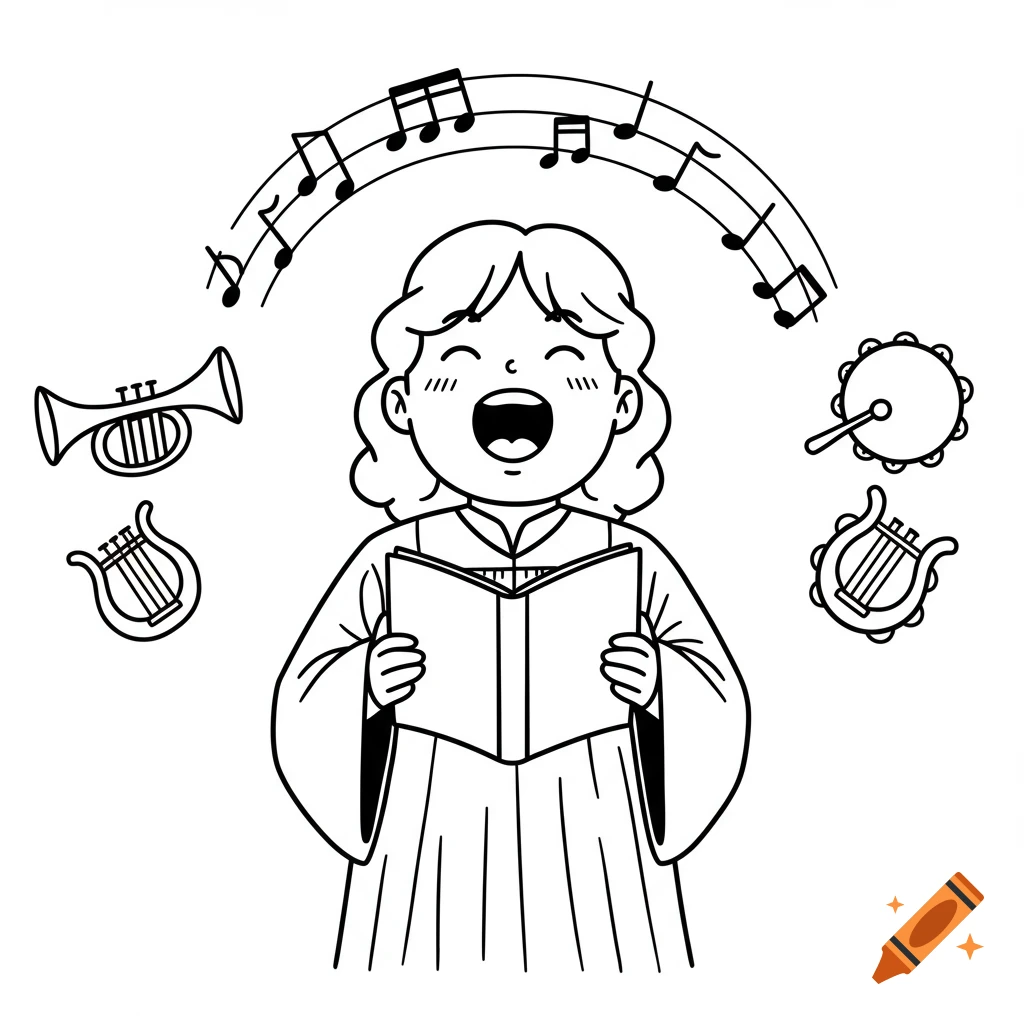 Black and white line art of a person in a choir robe singing from a songbook, with musical notes and instruments floating around them.