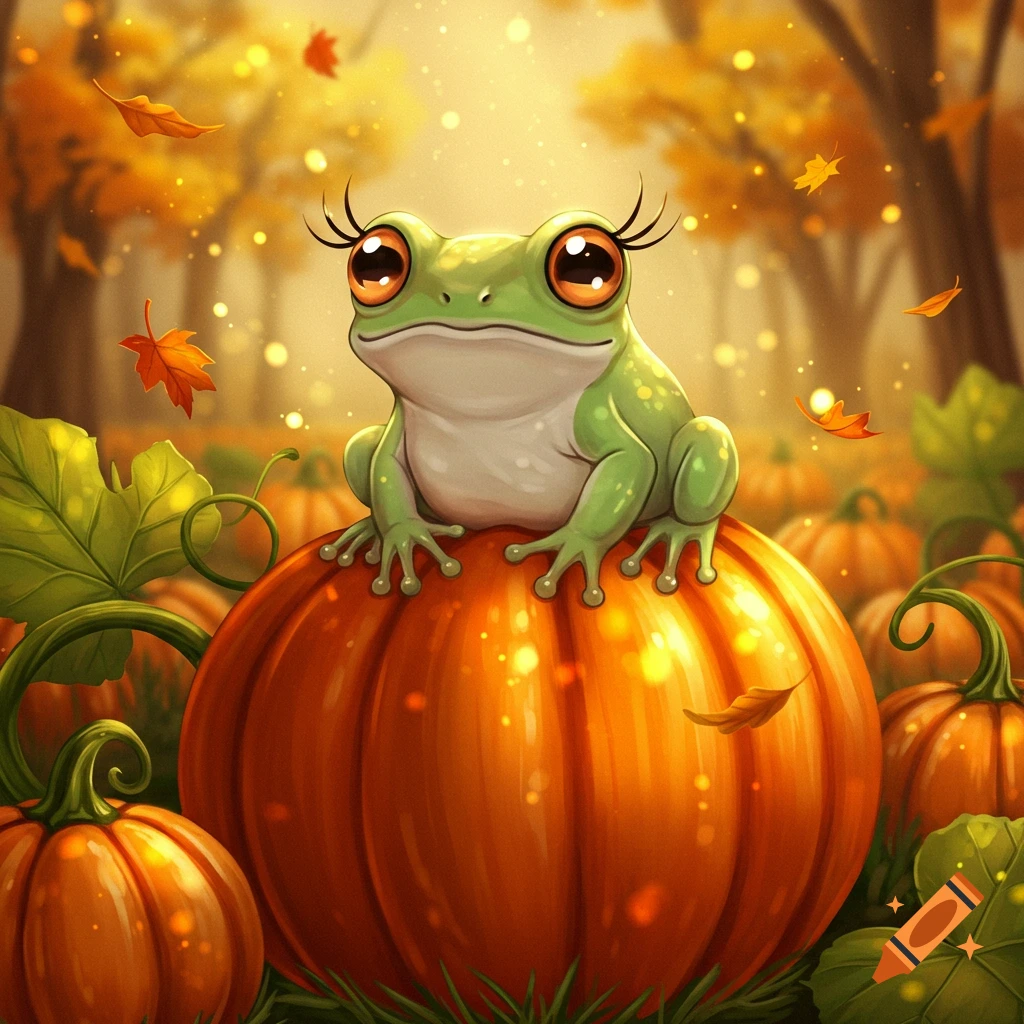 A cute green frog with big eyes and long eyelashes sits on a large orange pumpkin in an autumn forest with falling leaves.