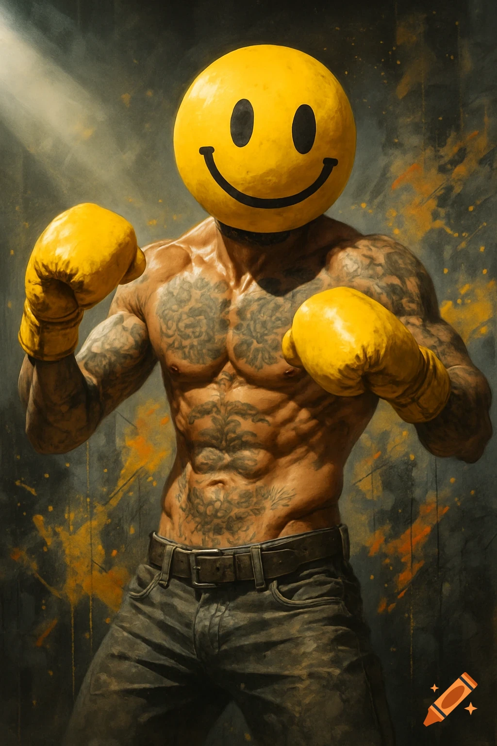 A muscular boxer with a yellow smiley face mask and yellow boxing gloves stands ready, covered in tattoos against a dark, painterly background.