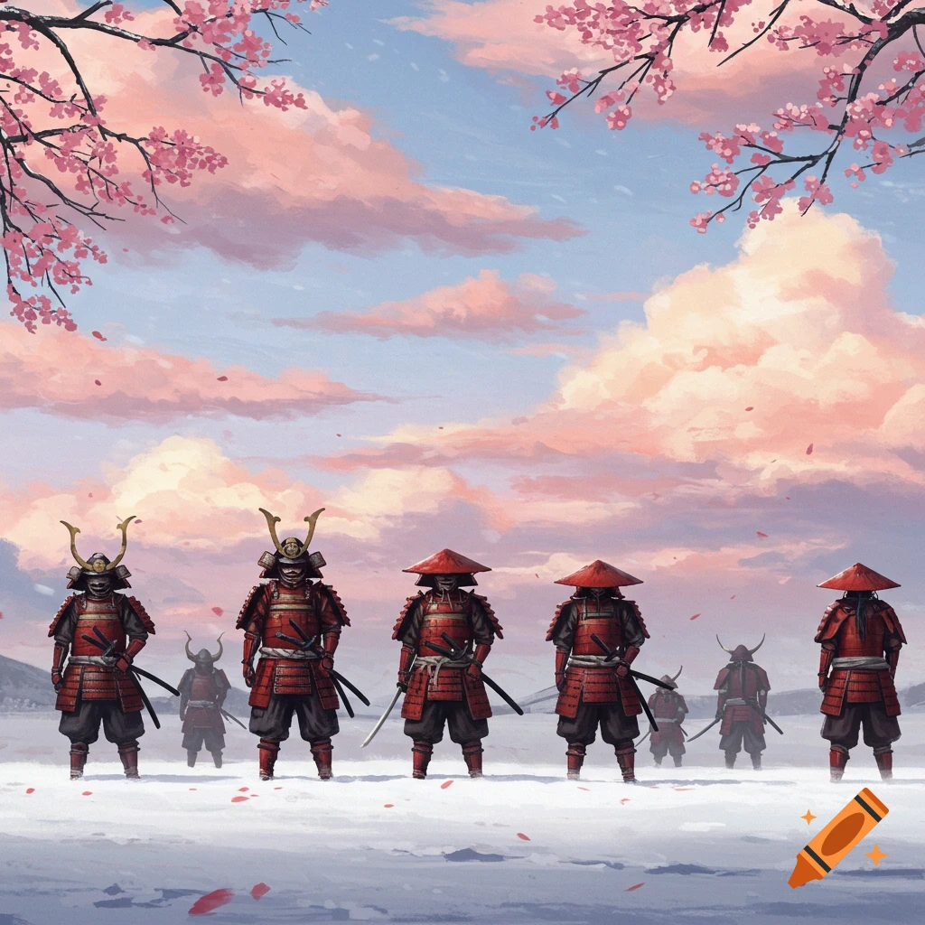 Samurais in red armor stand in a snowy Japanese landscape under a pink and blue sky with cherry blossoms, in an artistic style.