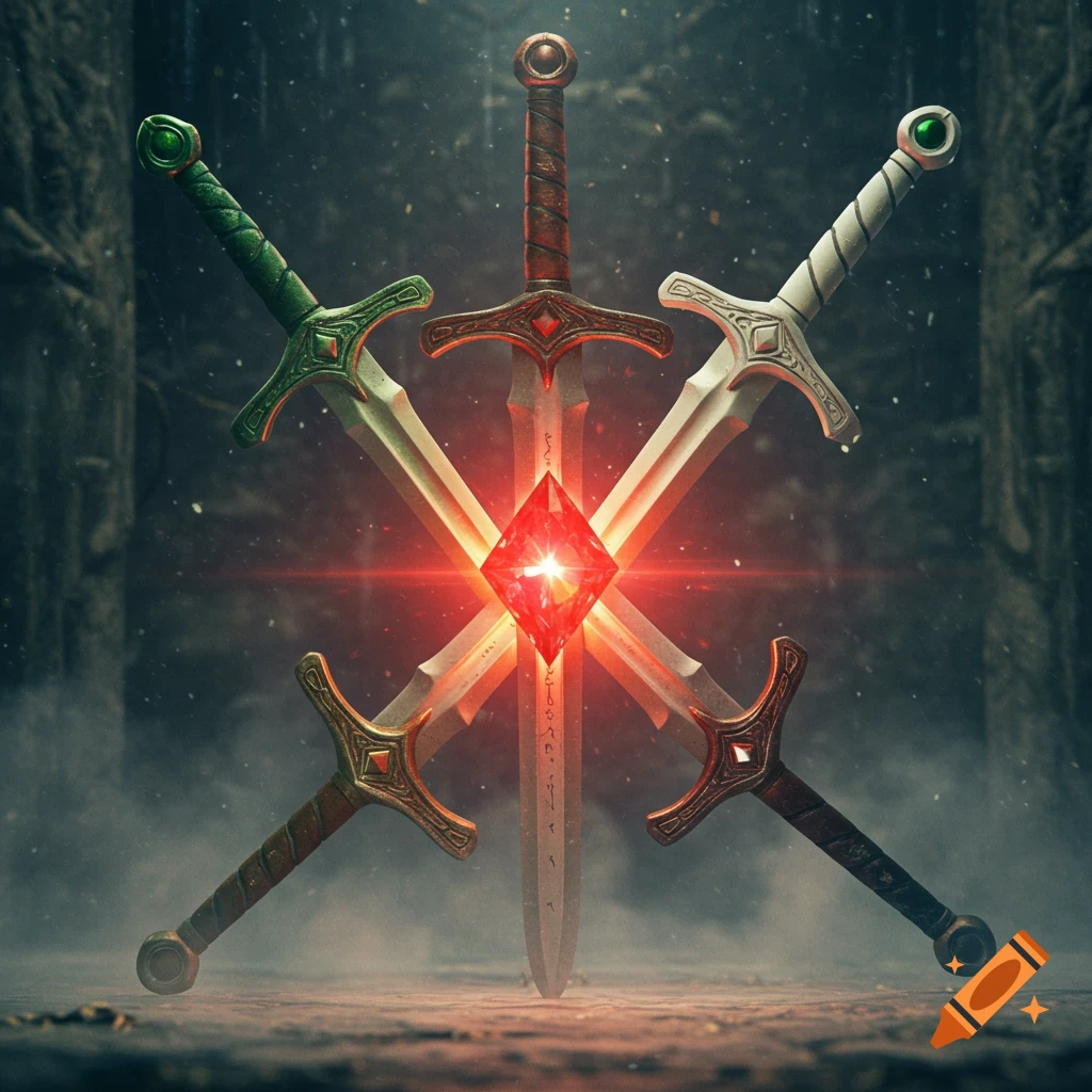 Five ornate swords with different colored hilts crossed around a glowing red ruby in a dark, atmospheric setting.
