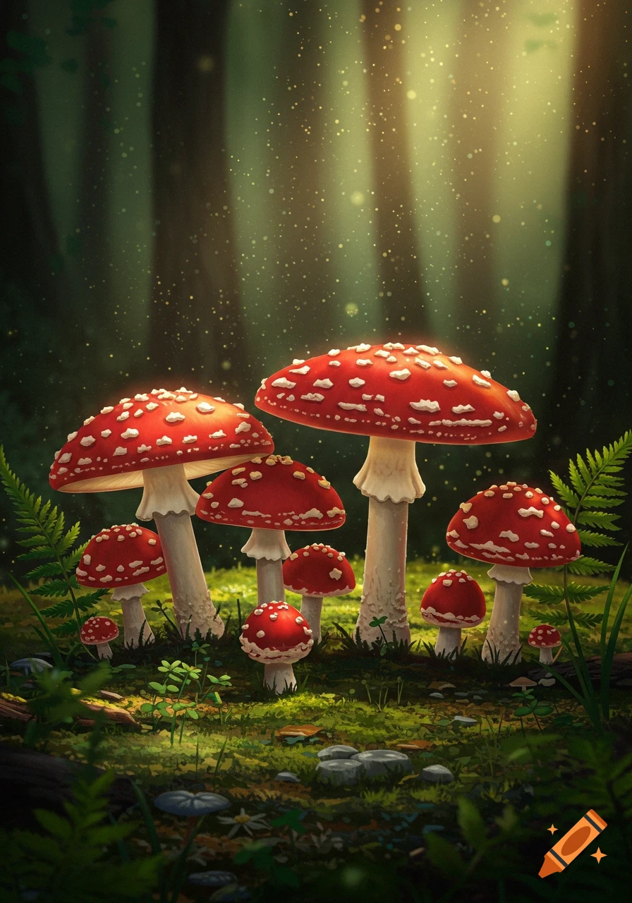 A group of red and white spotted mushrooms with tall white stems on a mossy forest floor, with shafts of light and sparkling dust.