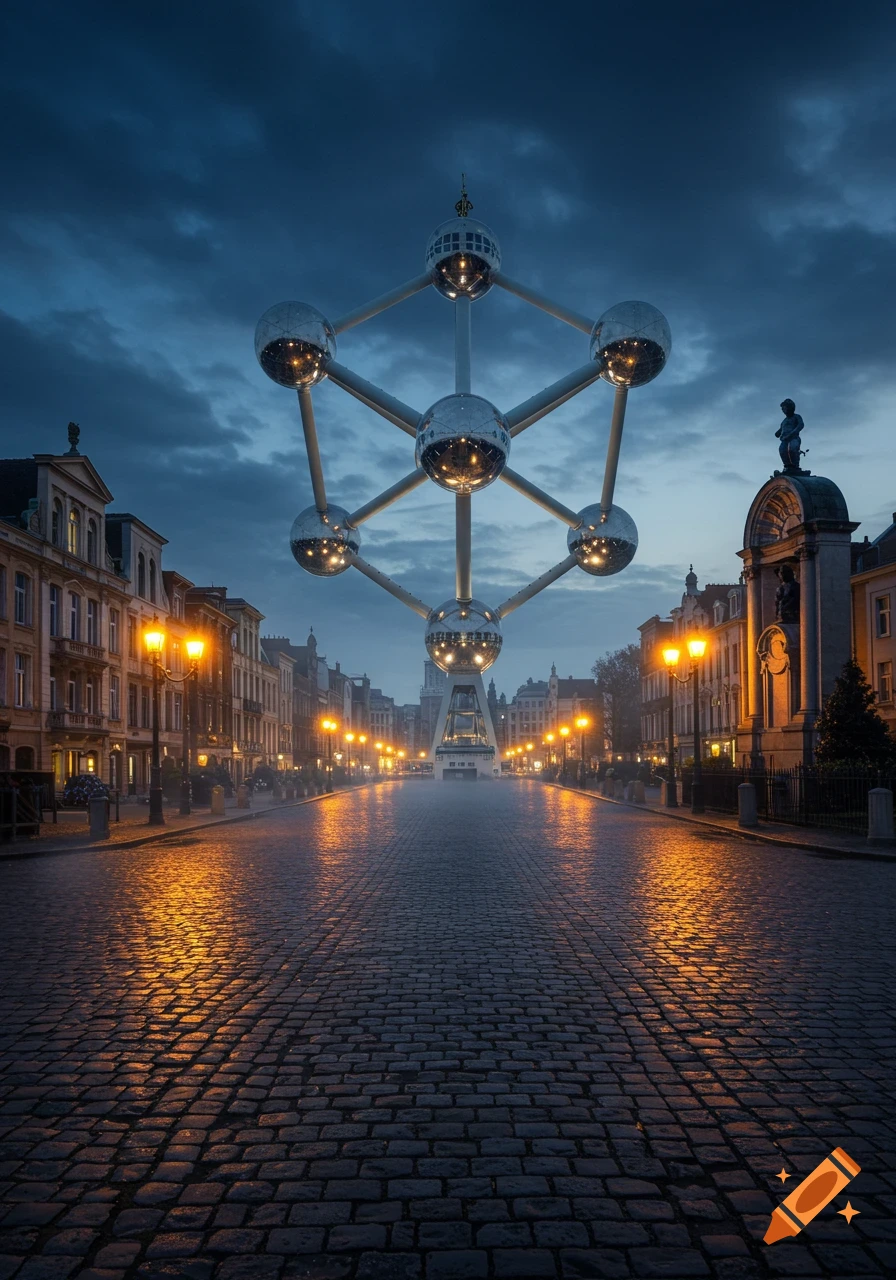 Photorealistic image of the Atomium at dusk, towering over a wet, cobblestone street lined with illuminated buildings and streetlights in Brussels.