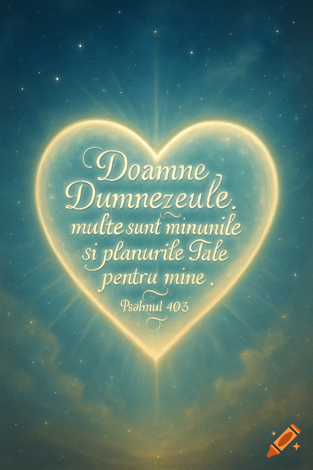 A glowing heart shape against a dark blue, starry sky, containing a religious quote in Romanian.