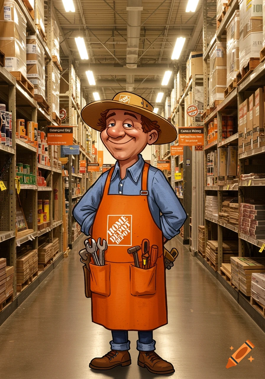 A cartoon man resembling Ernest P. Worrell, wearing a Home Depot apron and a straw hat, stands in a store aisle. He has tools in his apron pockets.