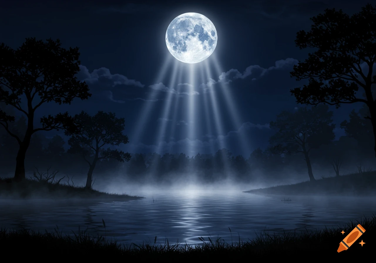 A serene full moon illuminates a foggy lake and silhouetted trees at night, with light rays reflecting on the water.