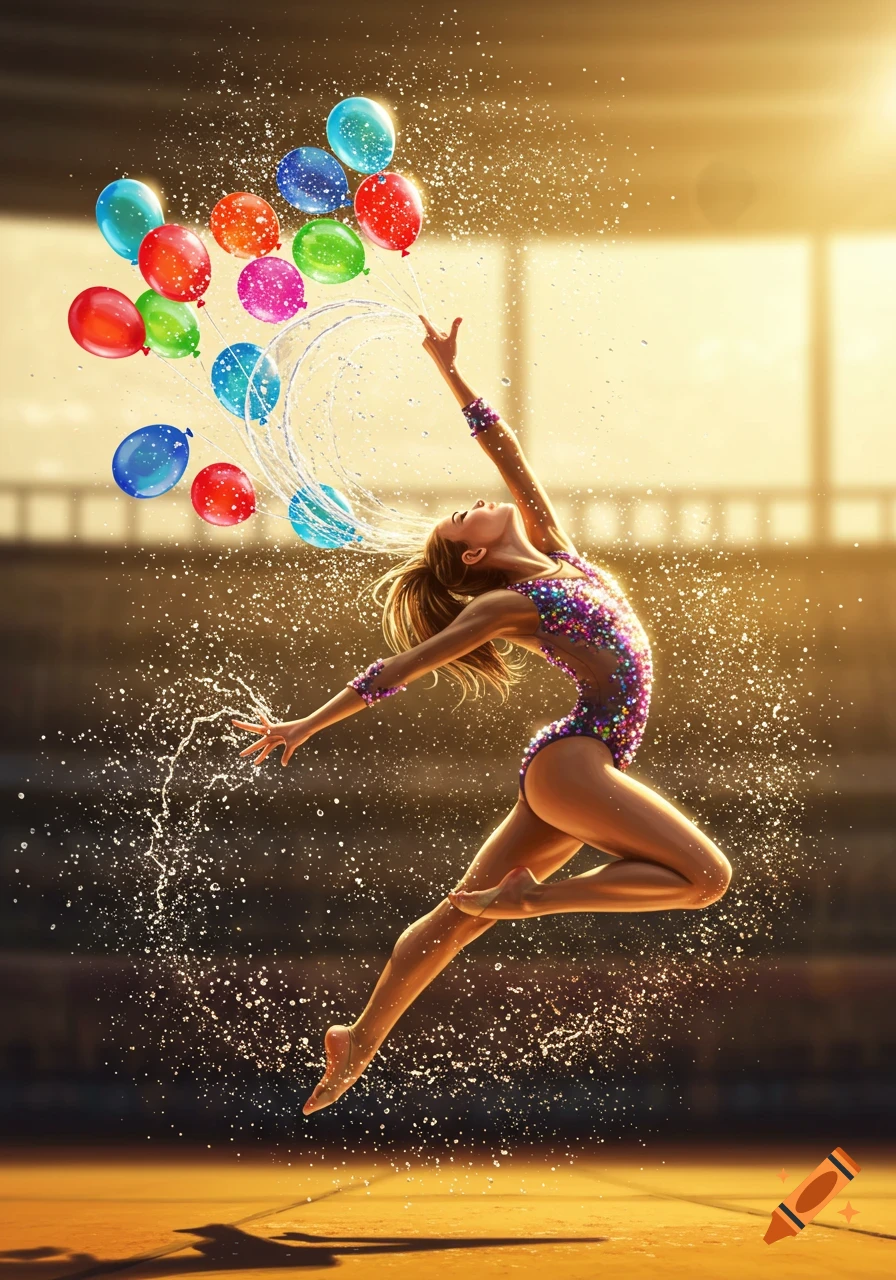 A female gymnast in a sparkly leotard leaps mid-air, surrounded by colorful balloons and water splashes, in a golden-lit arena.