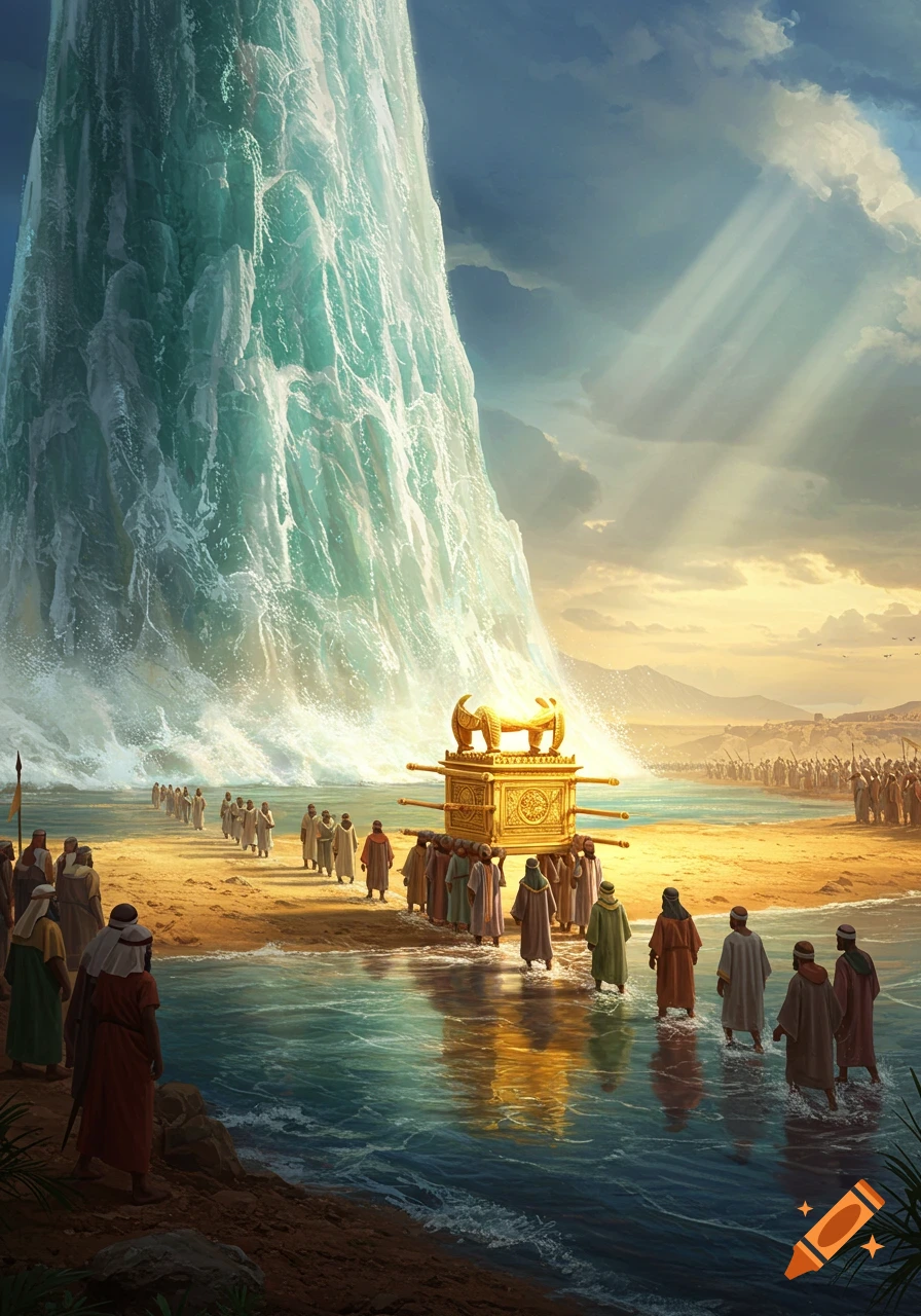 A large group of people crossing a dry riverbed, carrying the golden Ark of the Covenant, with a massive wall of water on their right and sunlight streaming from the sky.