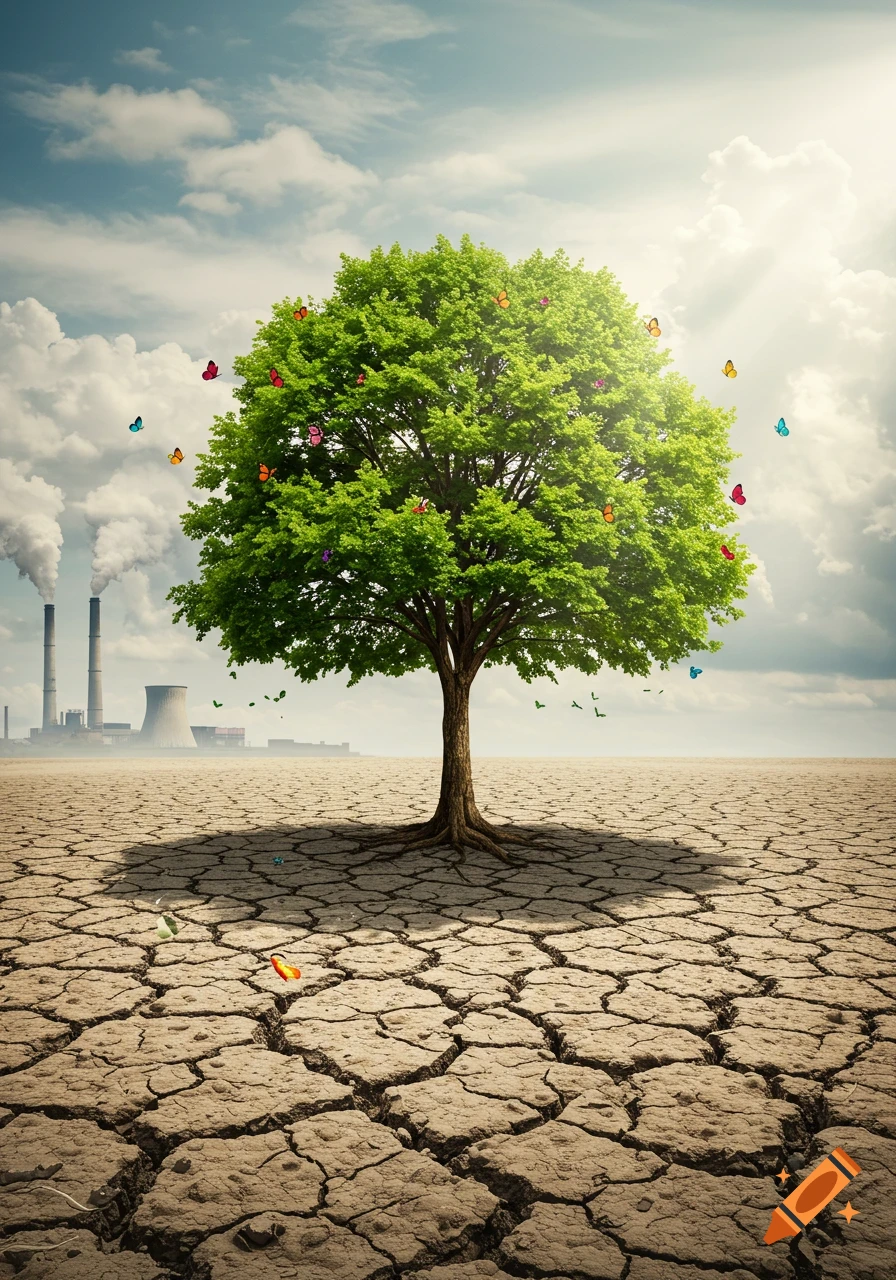 A vibrant green tree with colorful butterflies stands on cracked, dry earth, with polluting factories in the background under a cloudy sky.