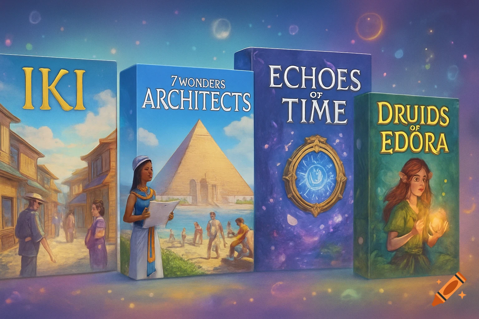 Four colorful fantasy board game boxes for 'Iki', '7 Wonders Architects', 'Echoes of Time', and 'Druids of Edora' on a magical background.