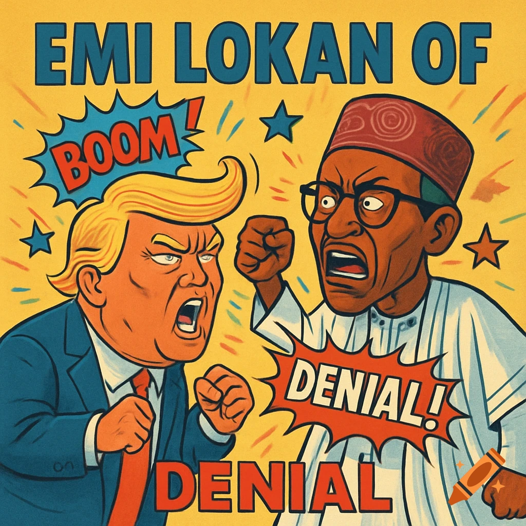 Comic book style illustration of two angry political caricature figures, one resembling Donald Trump and the other a Nigerian president, yelling at each other with "BOOM!" and "DENIAL!" captions. Text reads "EMI LOKAN OF DENIAL".