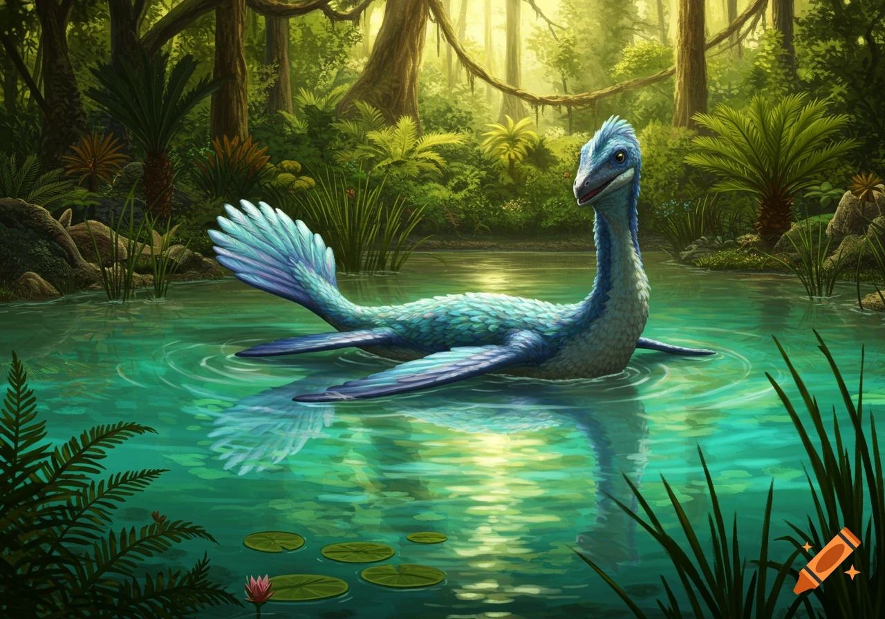 A blue, plesiosaur-like creature with a feathered tail swims in a lush, green jungle pond under sunlight.