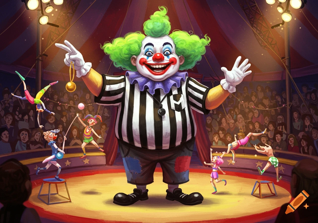 A vibrant illustration of a large, smiling clown referee in a striped shirt, surrounded by acrobats on a circus stage with a cheering audience.