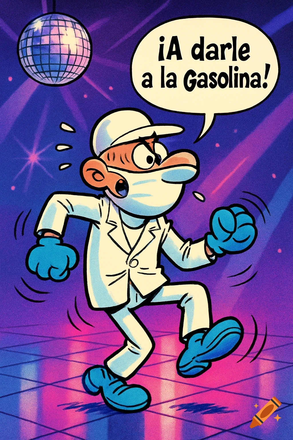 A 2D cartoon illustration of a character in a white suit, cap, and mask, with blue gloves, dancing energetically on a neon disco floor under a disco ball, with a speech bubble saying "¡A darle a la Gasolina!".