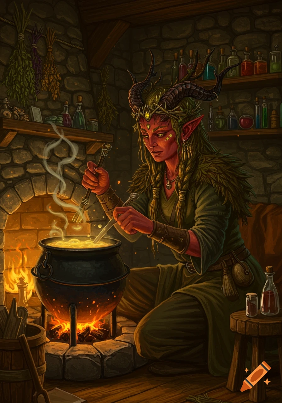 A horned, red-skinned fantasy witch with braids stirs a bubbling cauldron over a fire in a rustic setting.