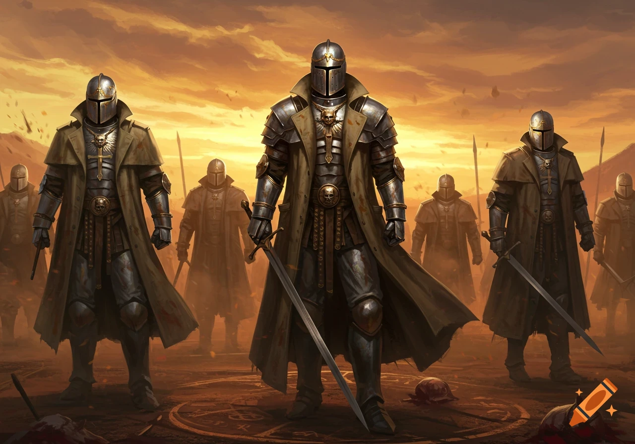 Armored knights in trench coats stand on a battlefield at sunset, holding swords. Blood is visible.