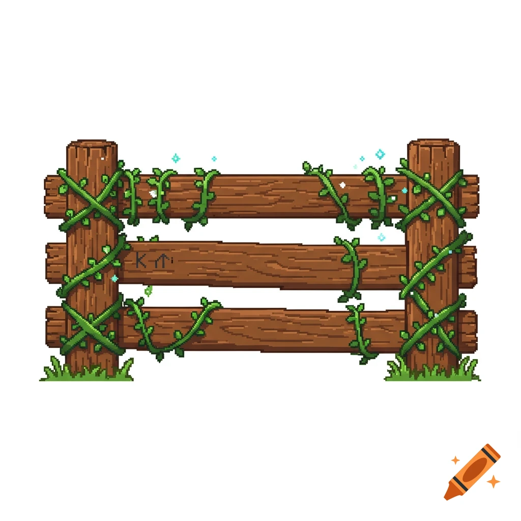 Pixel art of a wooden fence with three horizontal planks, wrapped in green vines, with small patches of grass at the base, on a white background.