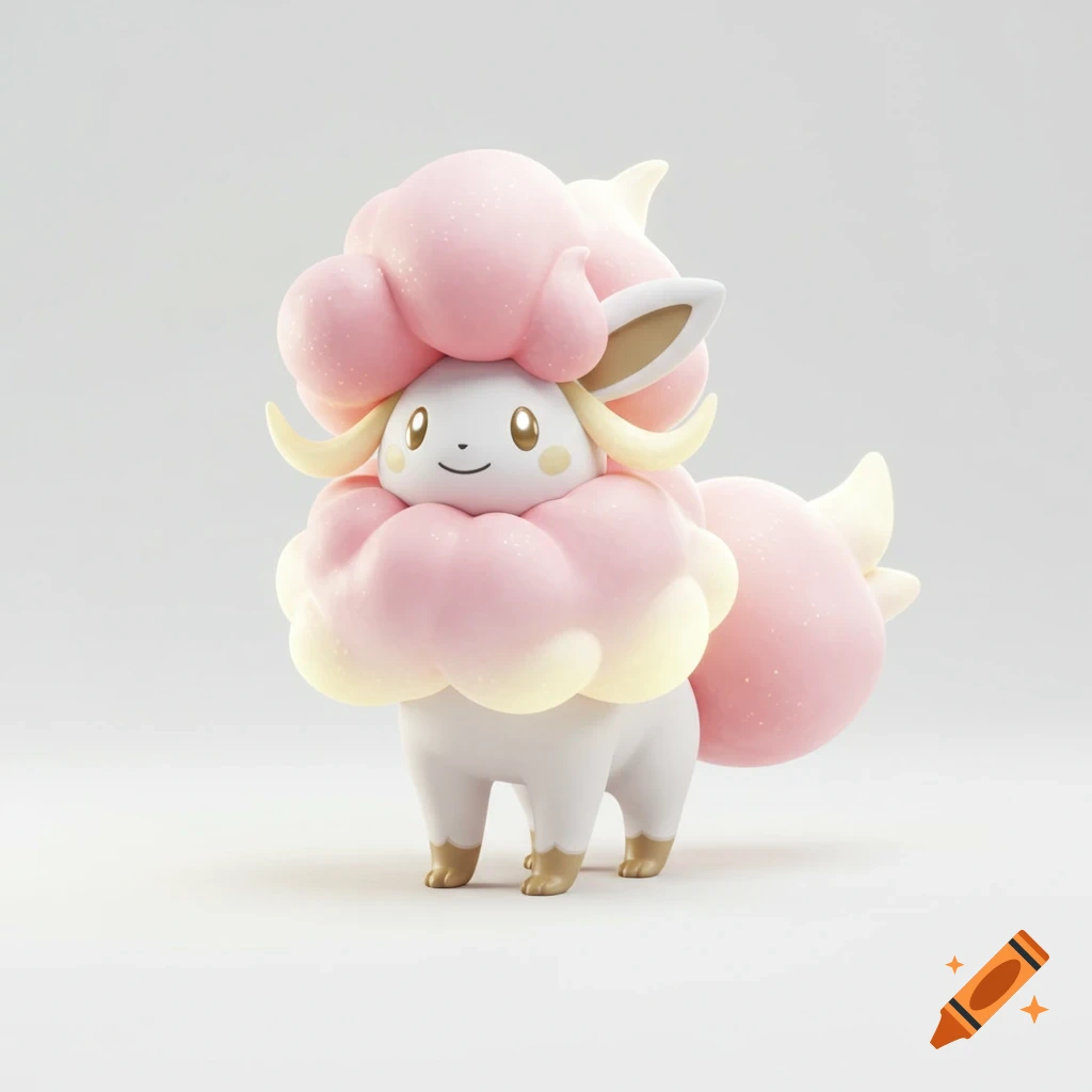 A cute, elegant white and pastel pink Pokémon creature with fluffy cloud-like fur and small golden horns, smiling on a white background.