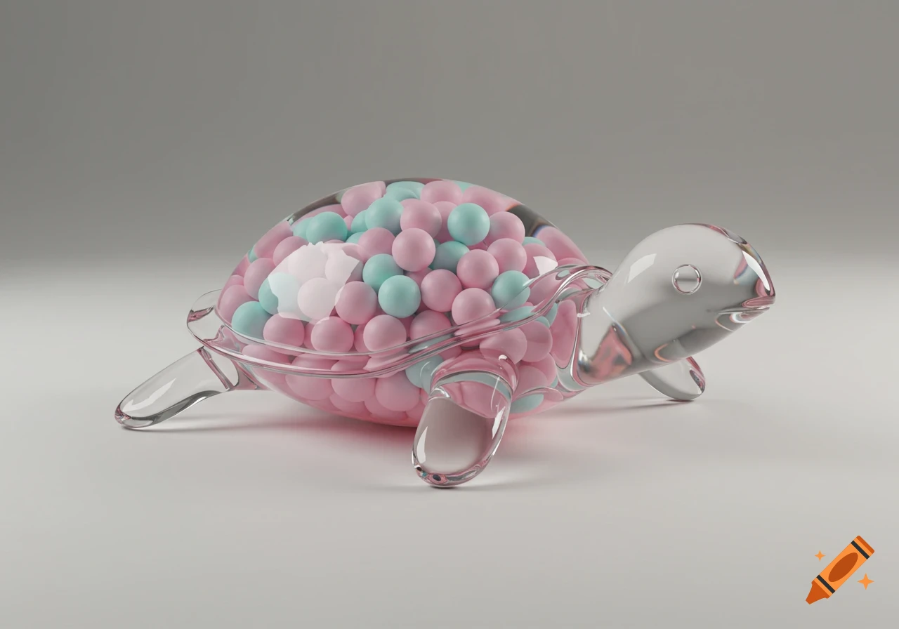 A clear glass turtle figurine filled with pink, light blue, and white pastel-colored candy balls, against a light grey background.