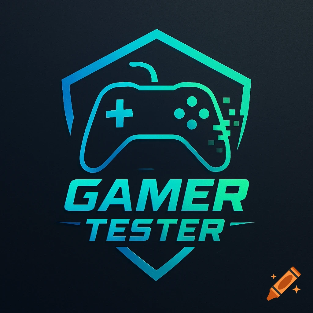 Blue and green neon-style logo: a game controller in a shield, with 'GAMER TESTER' text below, on a dark background.