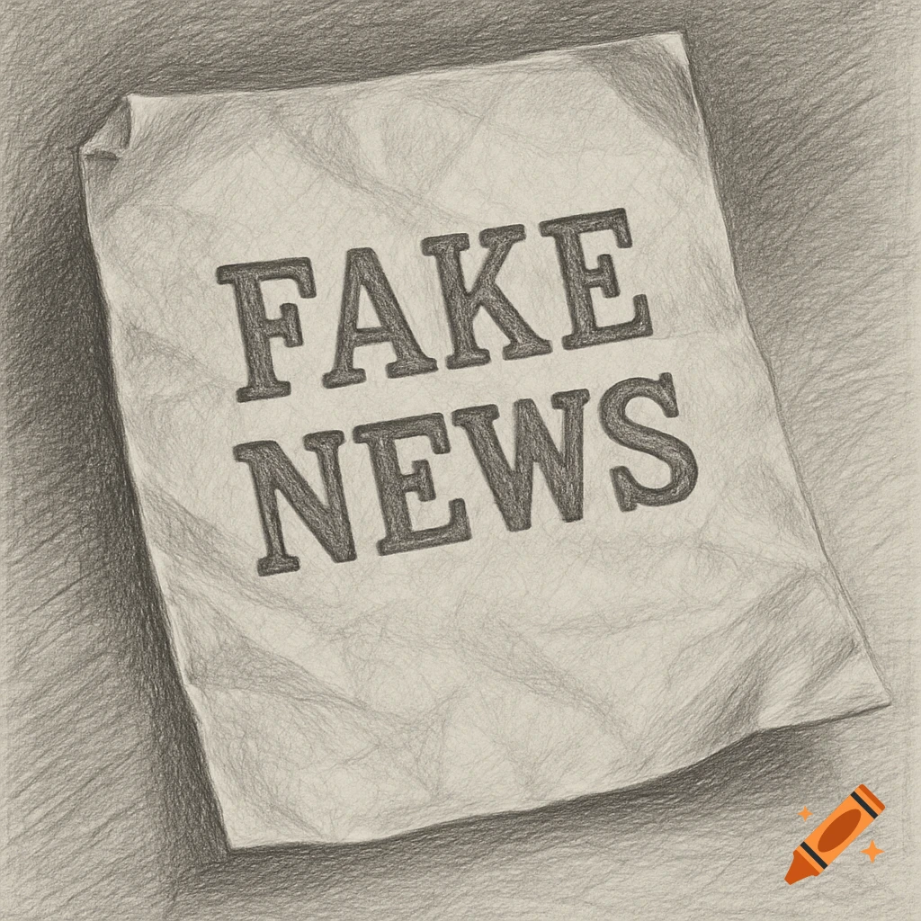 A pencil drawing of a crumpled sheet of paper with the words FAKE NEWS ...